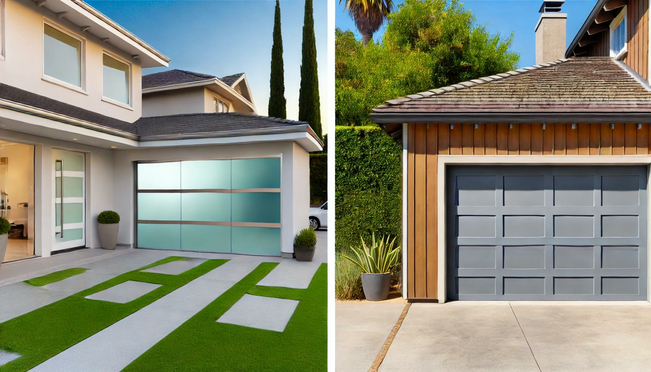 Modern, energy-efficient home exterior under a clear blue sky. Feature a large, stylish glass garage door with visible insulation layers