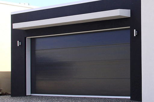 Stylish Home Black Wooden Garage Door White Siding