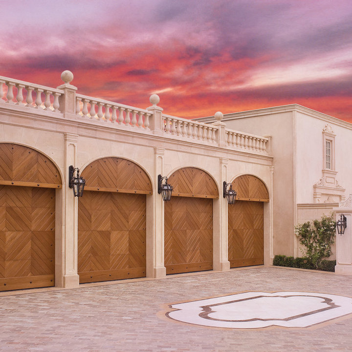 Dark Wood Garage Door with Intricate Design Elements