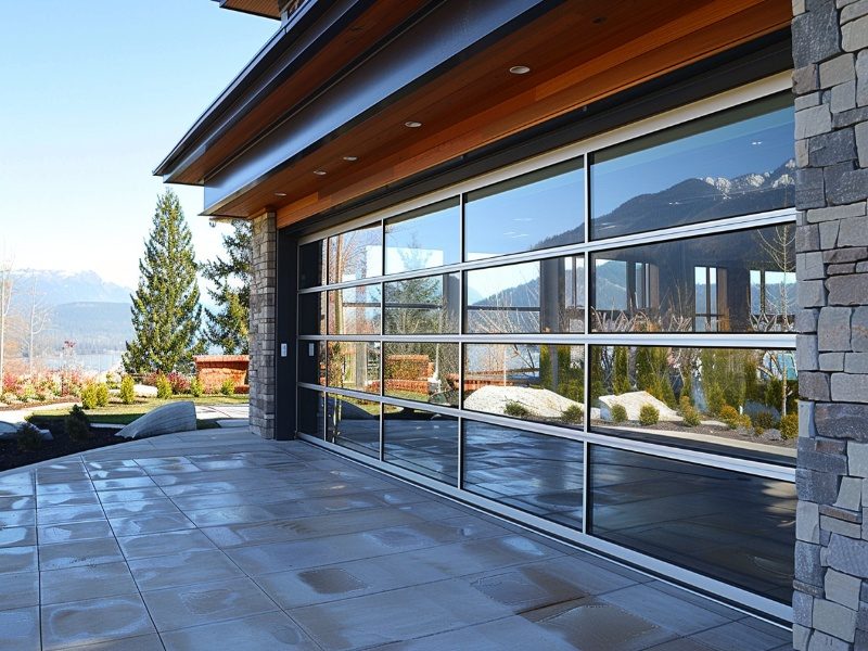 Create a high-resolution image featuring a matte black steel garage door