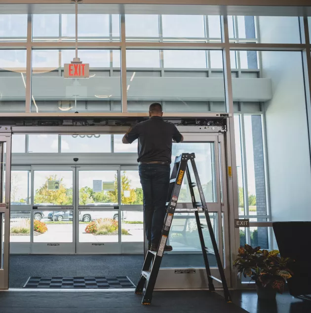 Urban Bakery Scene with Large Commercial Glass Garage Doors