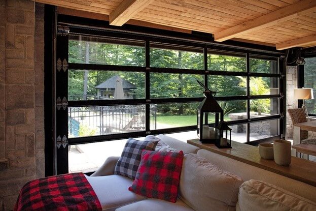 family installing modern glass garage door