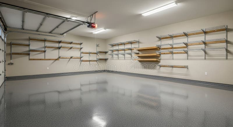 Organized garage with epoxy floor and shelving