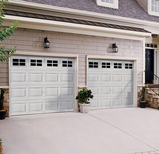 Before-and-after photo of a garage door renovation